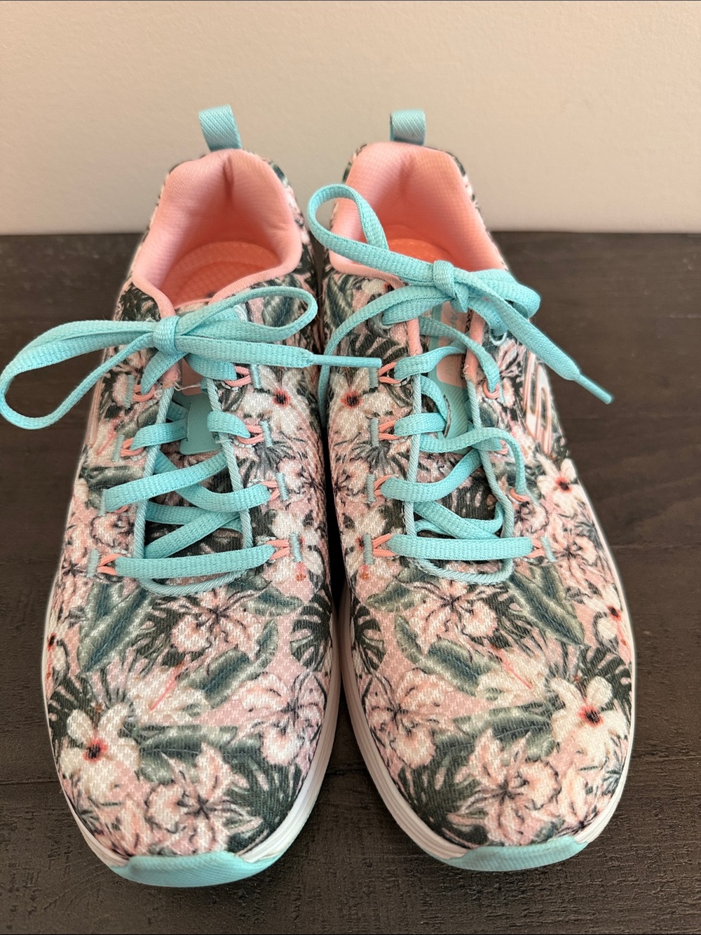 Skechers Women's Pink Floral Athletic Sneakers with Teal Accents
